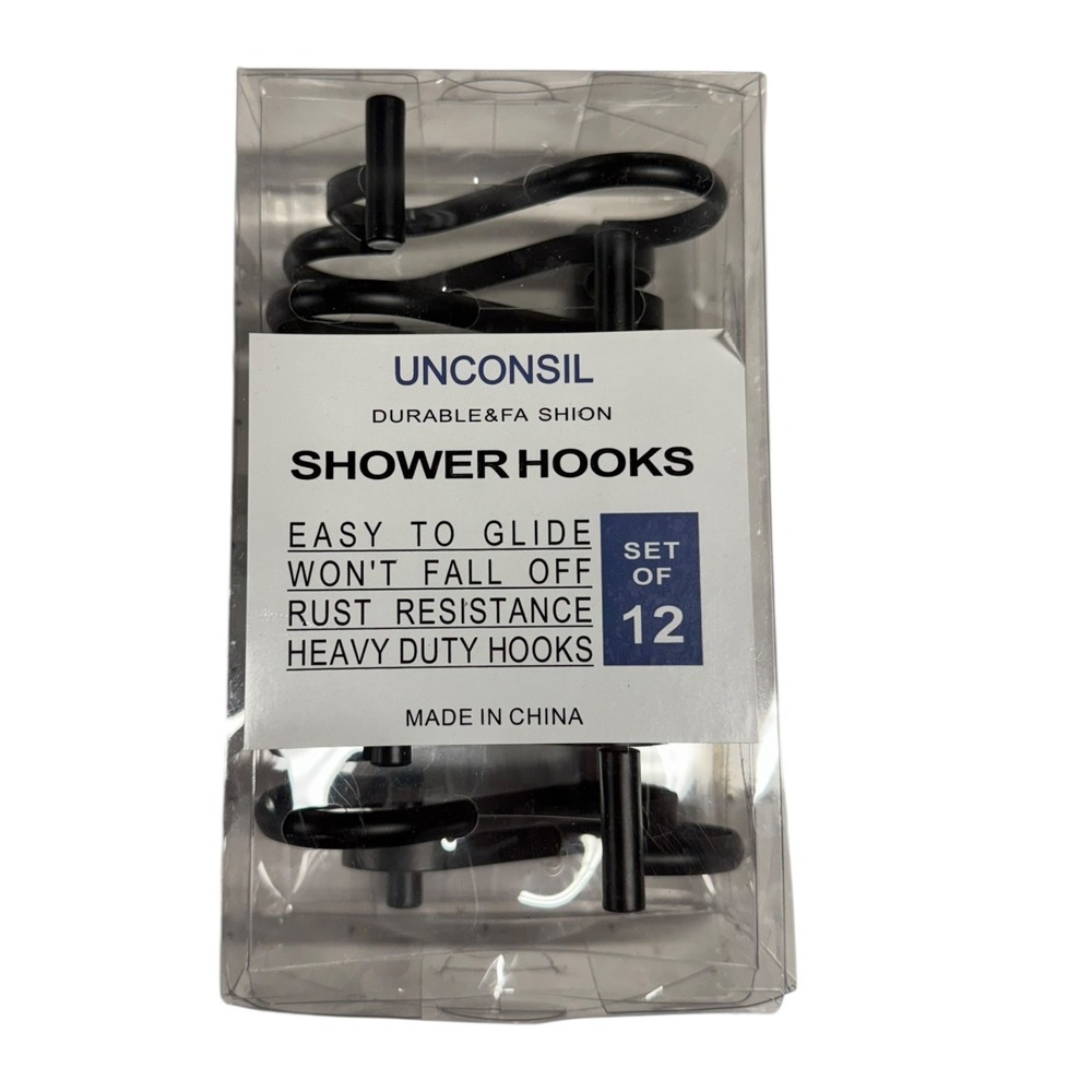Unconsil Shower‎ Hooks Rust Resistant Heavy Duty Easy Glide Set of 12 Black
